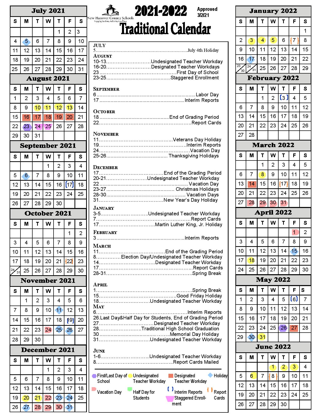 New Hanover County Schools Calendar 2021 2022