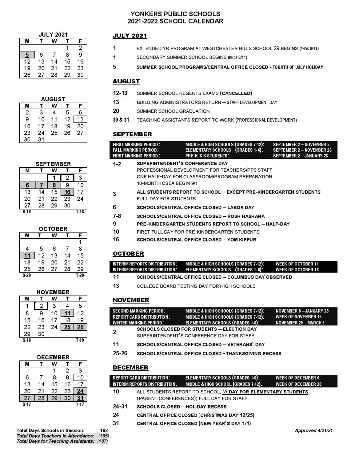 Yonkers Public Schools Calendar 20212022 in PDF