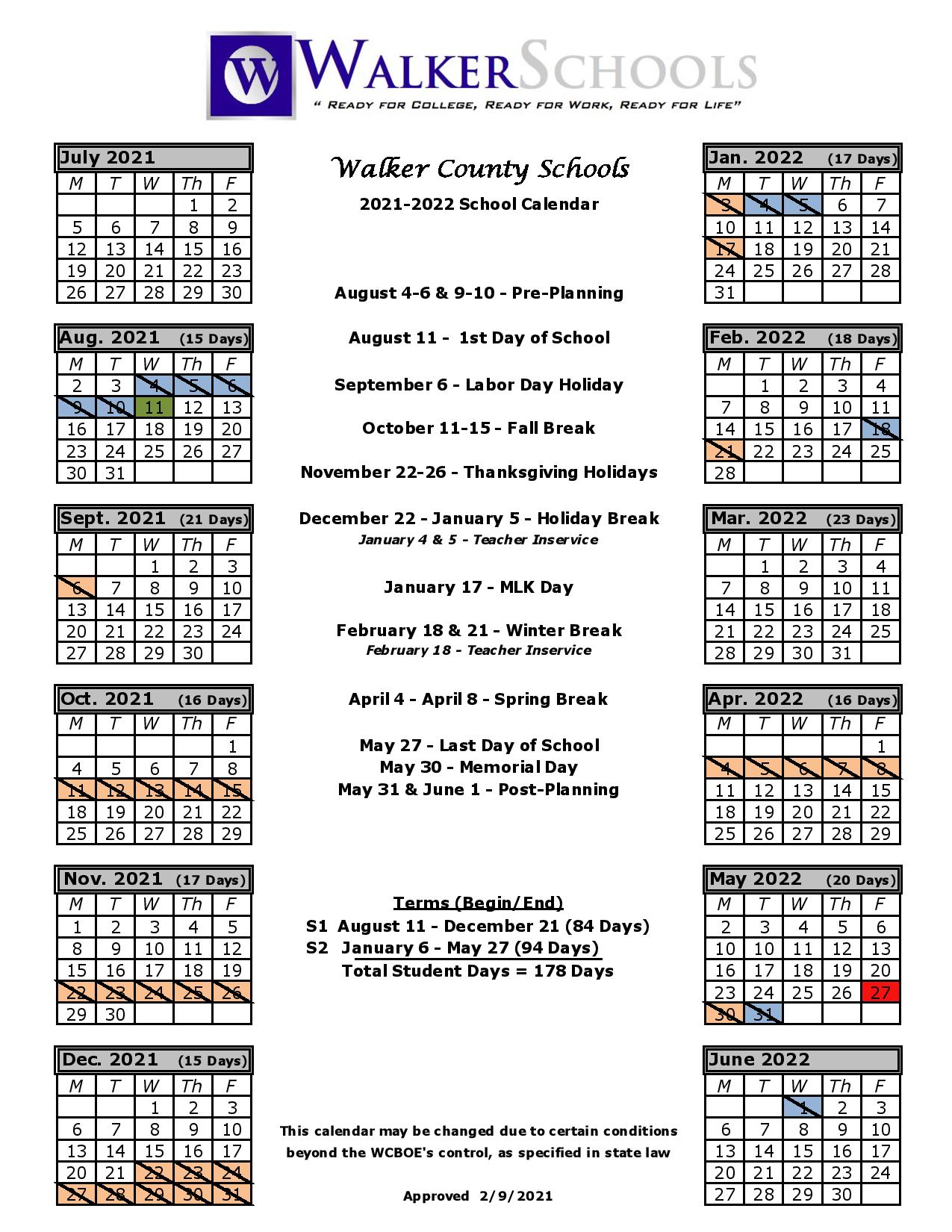 Walker County Schools Calendar 20212022 in PDF