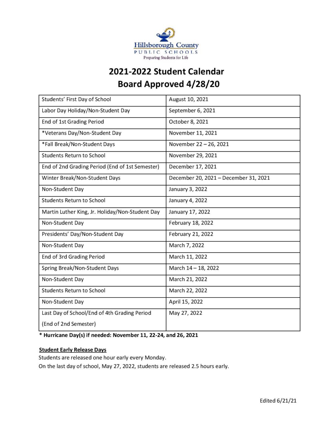 Hillsborough County Public School Calendar 2021 2022