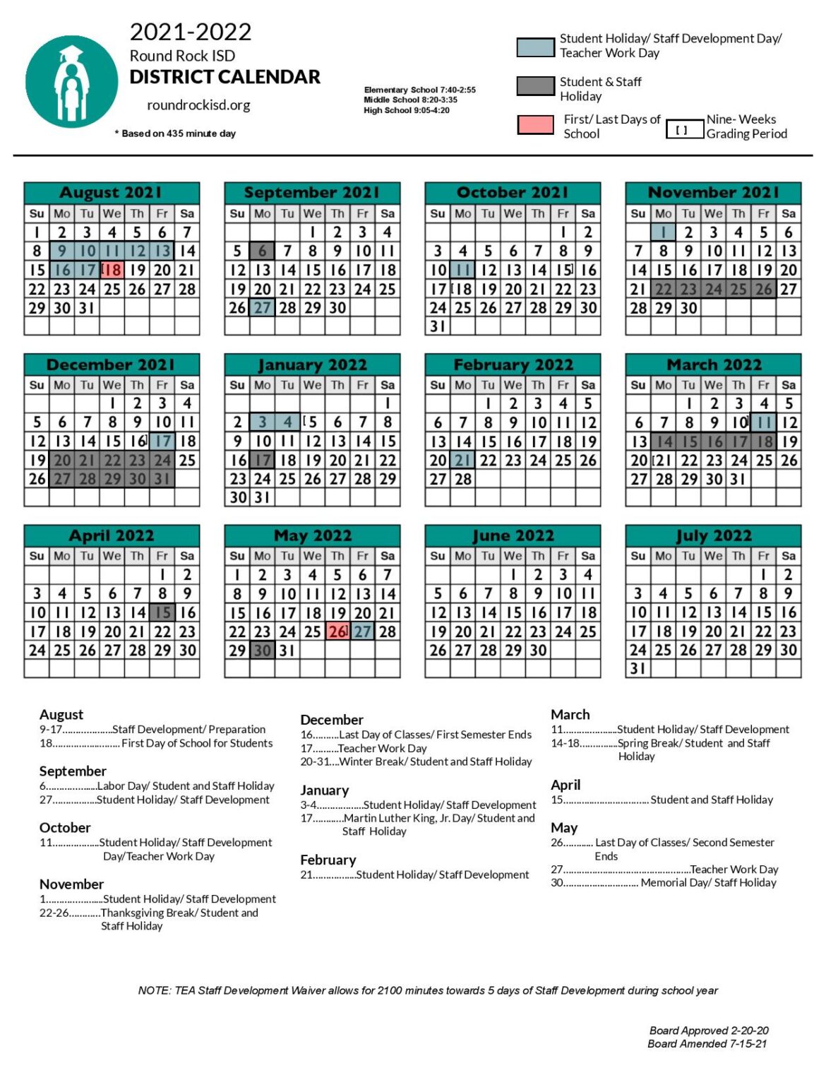 Round Rock Independent School District Calendar 20212022