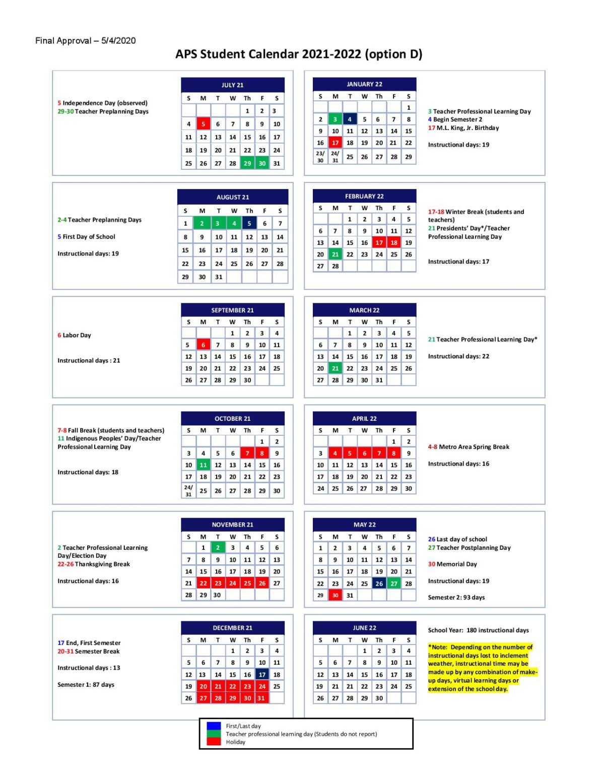 Atlanta Public Schools Calendar 2021-2022 in PDF