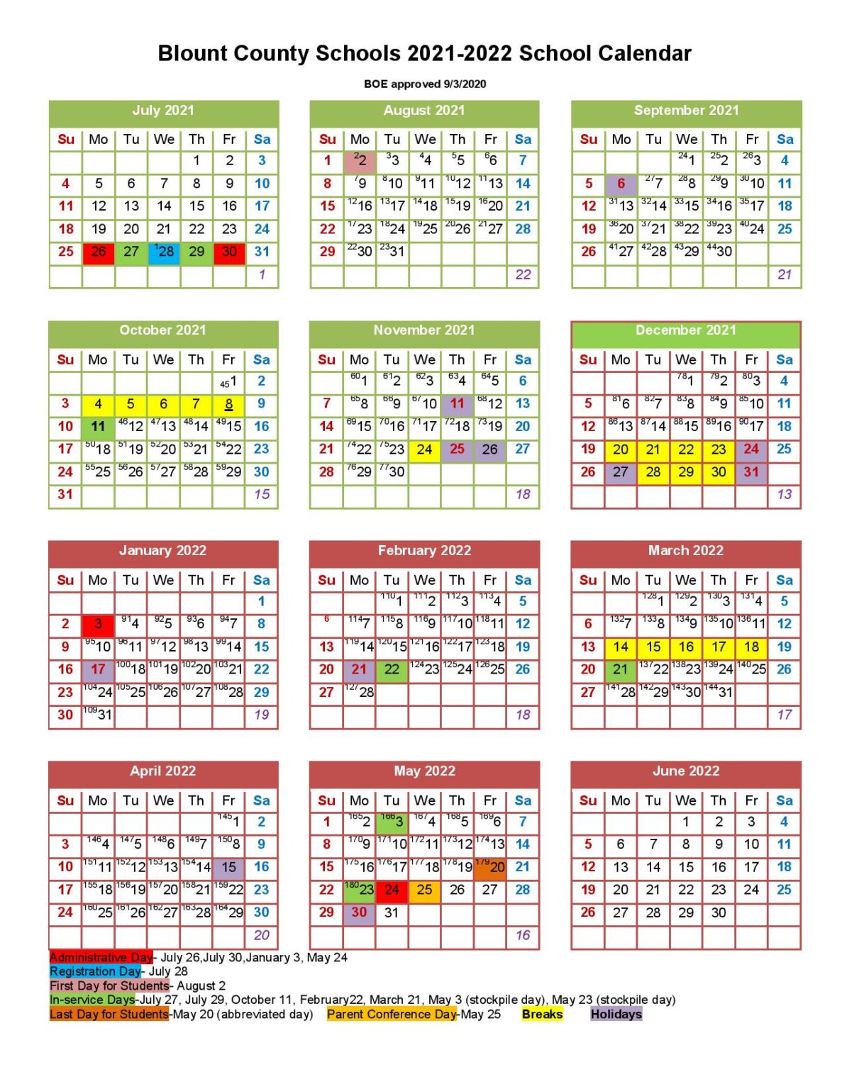 Blount County Schools Calendar 2021-2022 in PDF Format