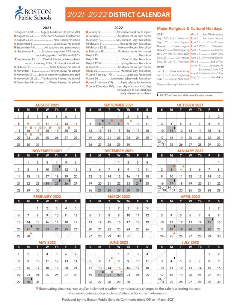 Boston Public Schools Calendar 20212022 in PDF