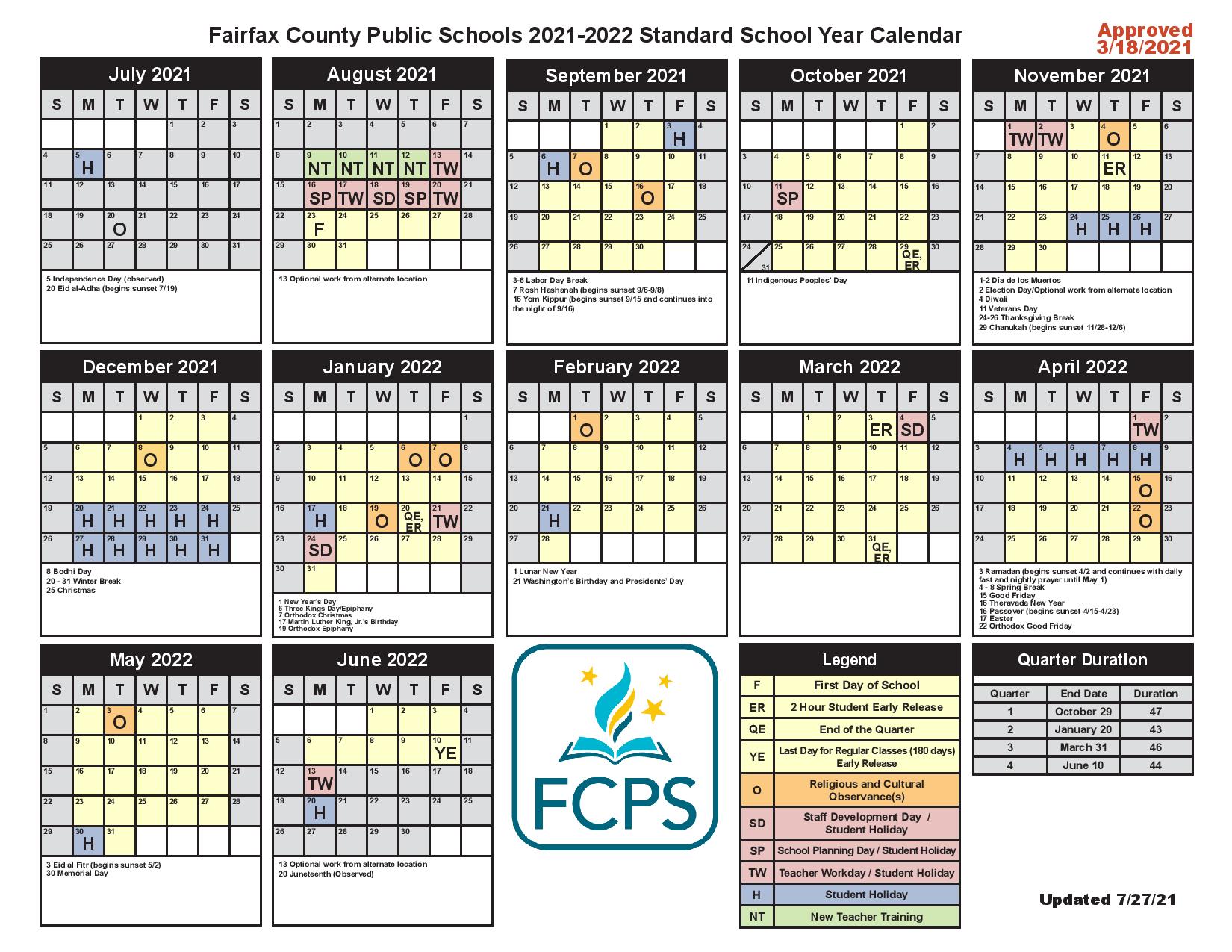 Fairfax County Public Schools Calendar 2021 2022 Holidays