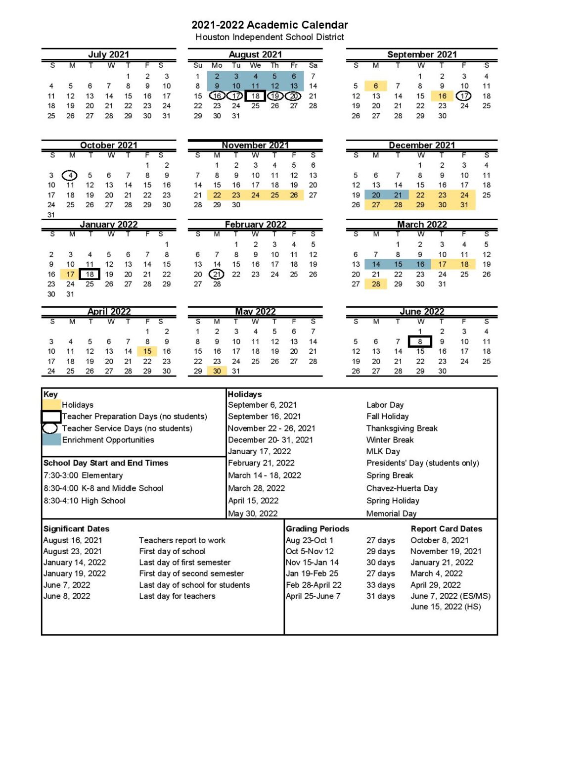 Houston Independent School District Calendar 20212022