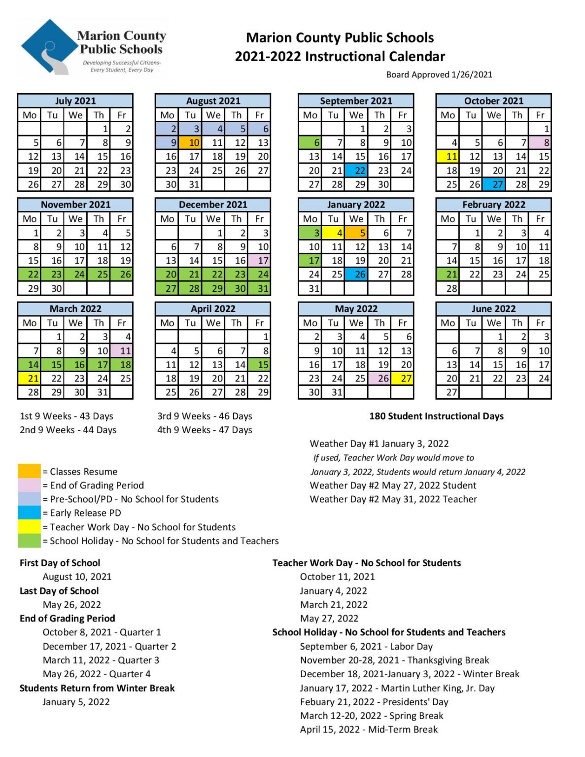 Marion County Public Schools Calendar 2021-2022
