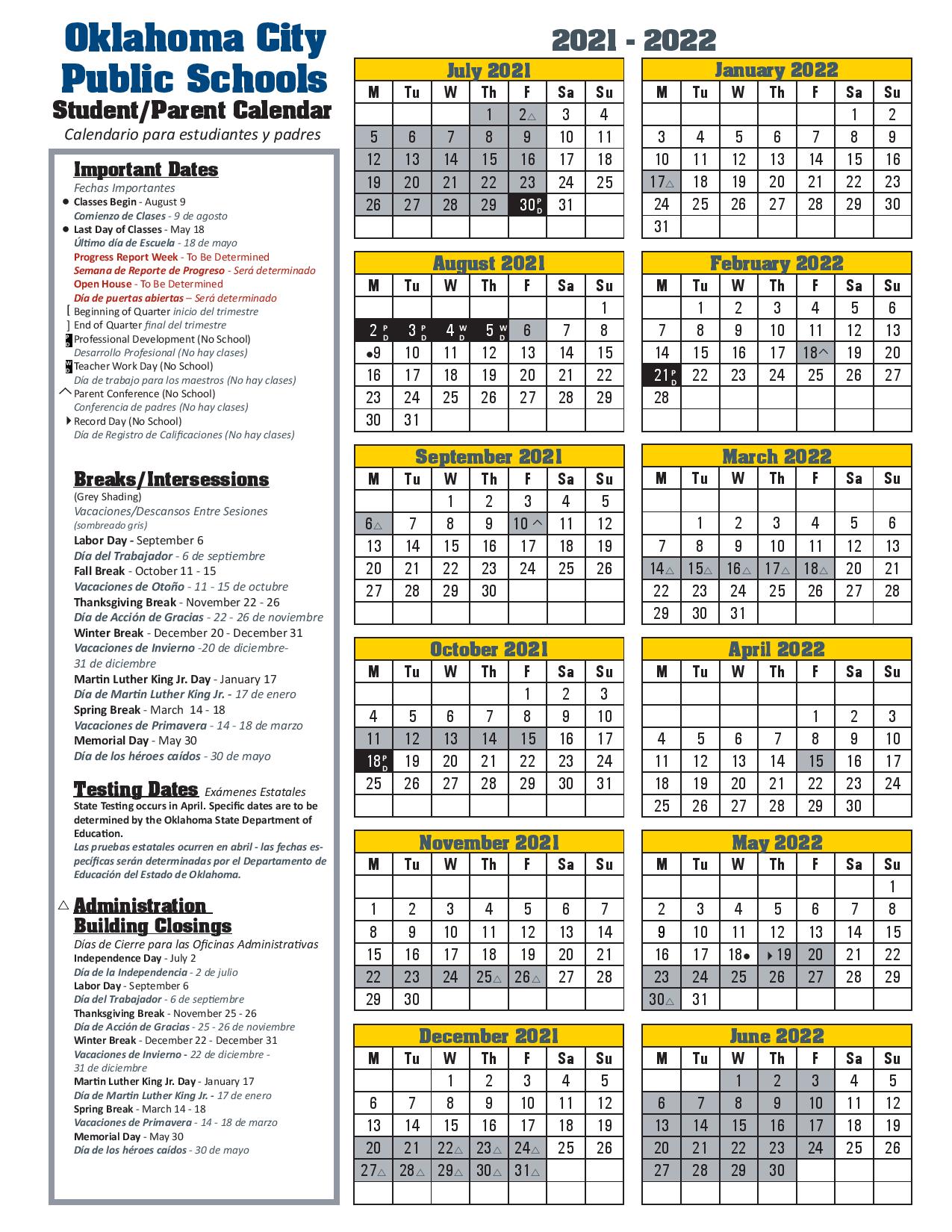Okcps Calendar 2022 2023 Oklahoma City Public Schools Calendar 2021-2022 In Pdf
