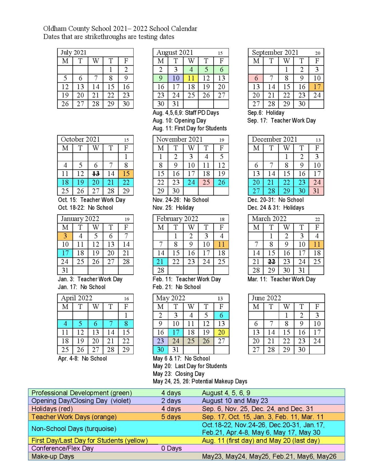 Oldham County Schools Calendar 20212022 in PDF