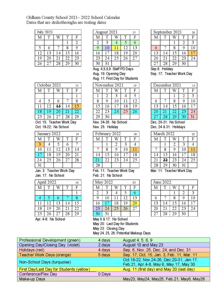 Oldham County Schools Calendar 2021-2022 in PDF