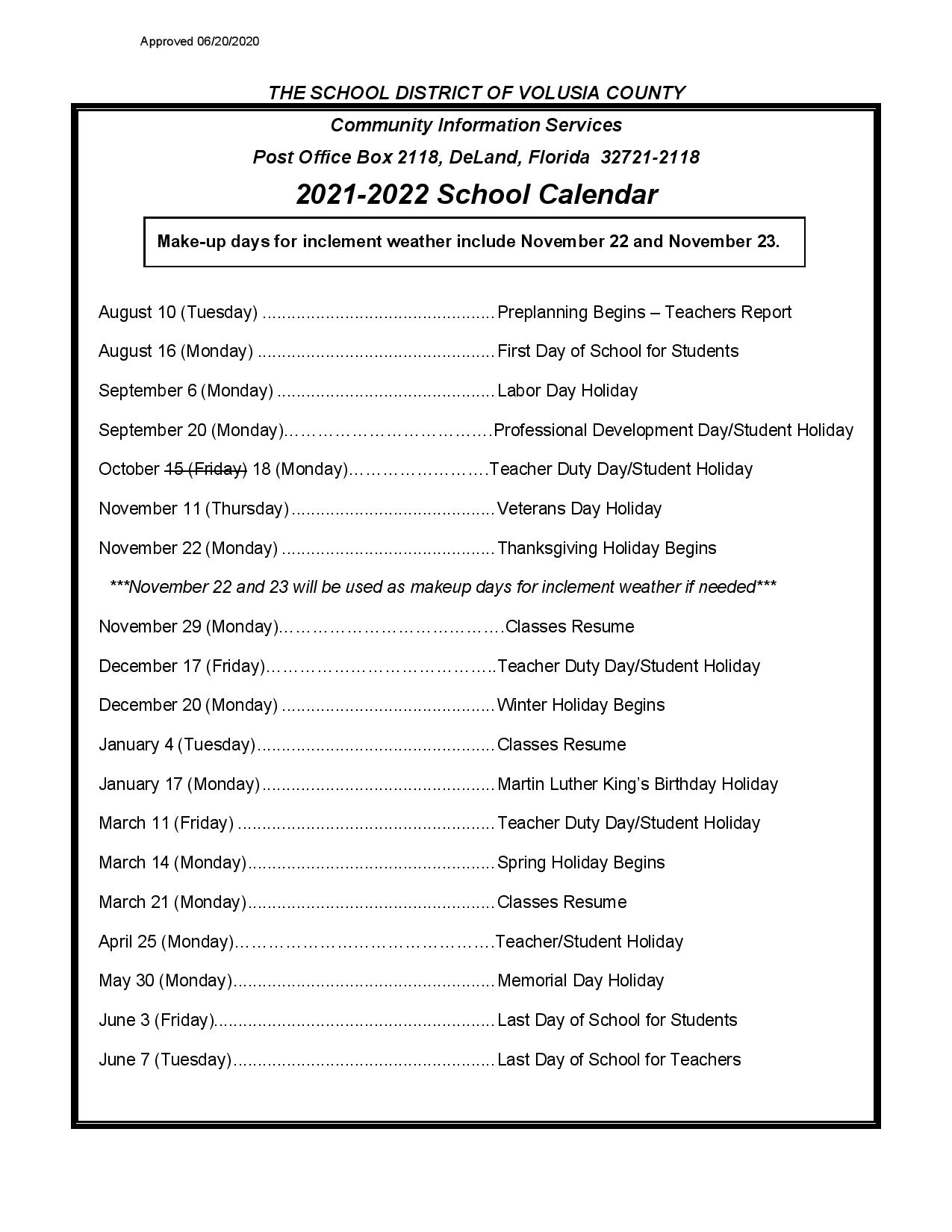 Volusia County Schools Calendar 2021 2022 In Pdf