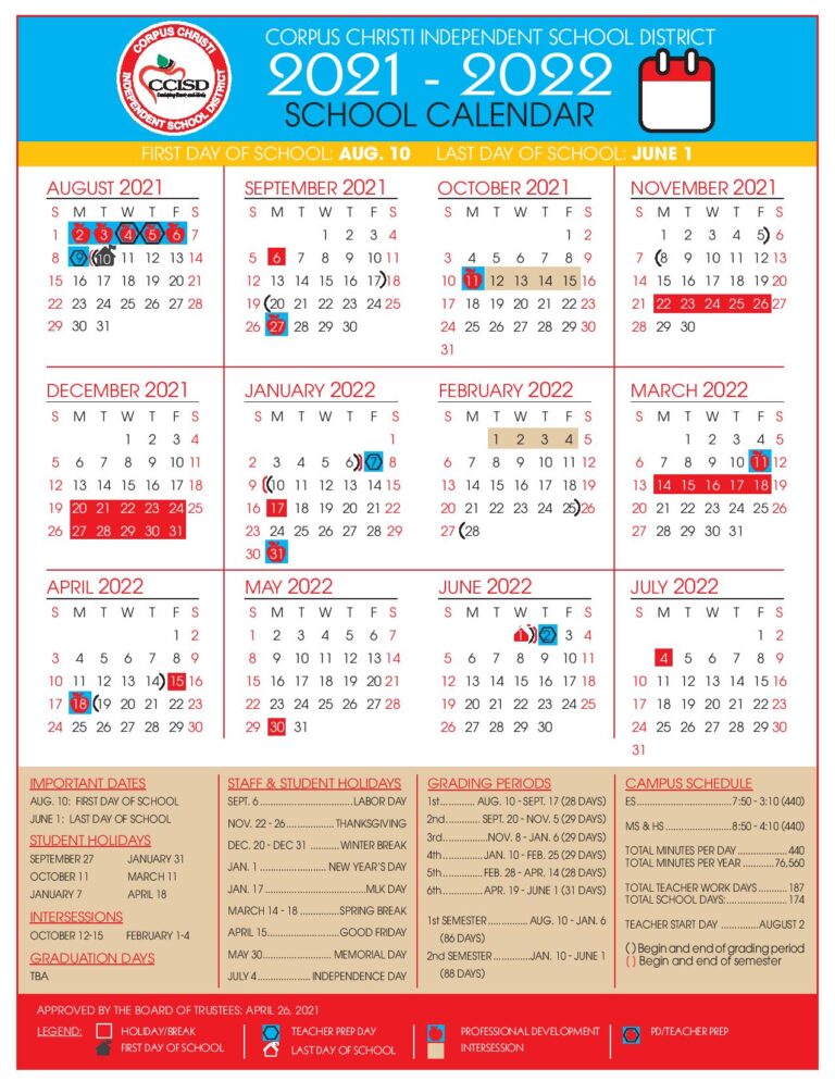 Corpus Christi Independent School District Calendar 20212022