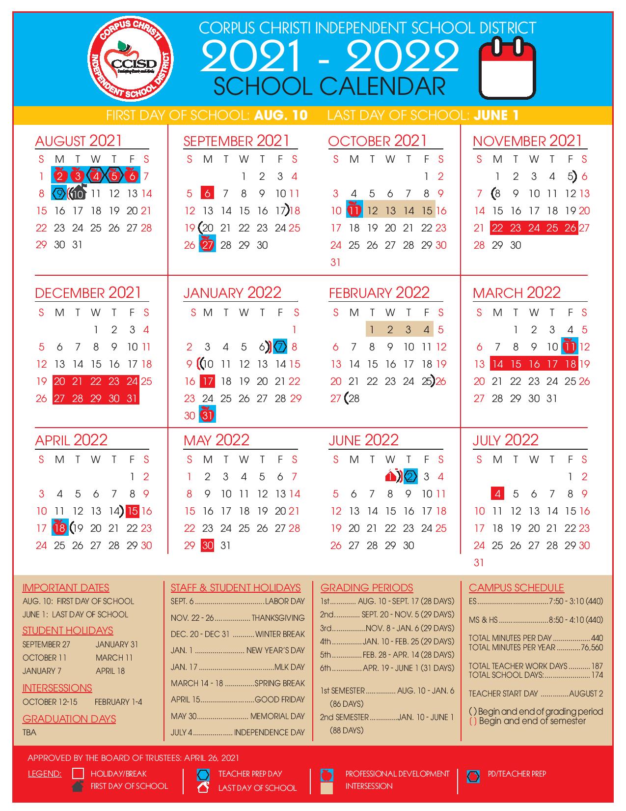 Okcps Calendar 2022 2023 Corpus Christi Independent School District Calendar 2021-2022
