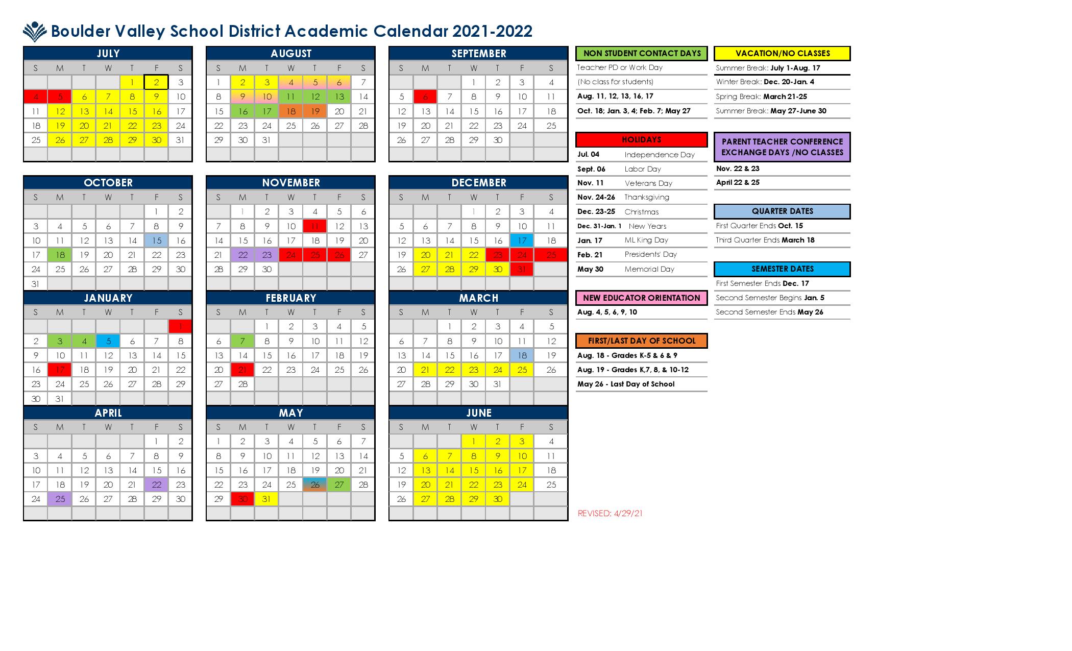 Cu Boulder Academic Calendar 2022 Boulder Valley School District Calendar 2021-2022