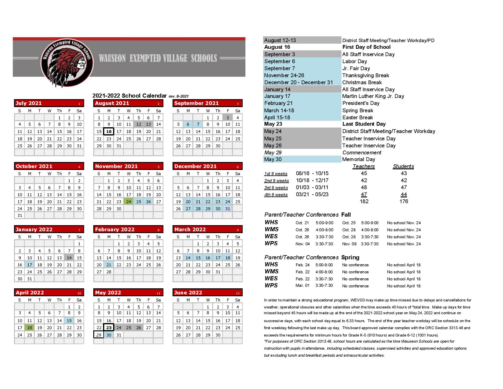 Wauseon Schools Calendar 20212022 & Holidays in PDF