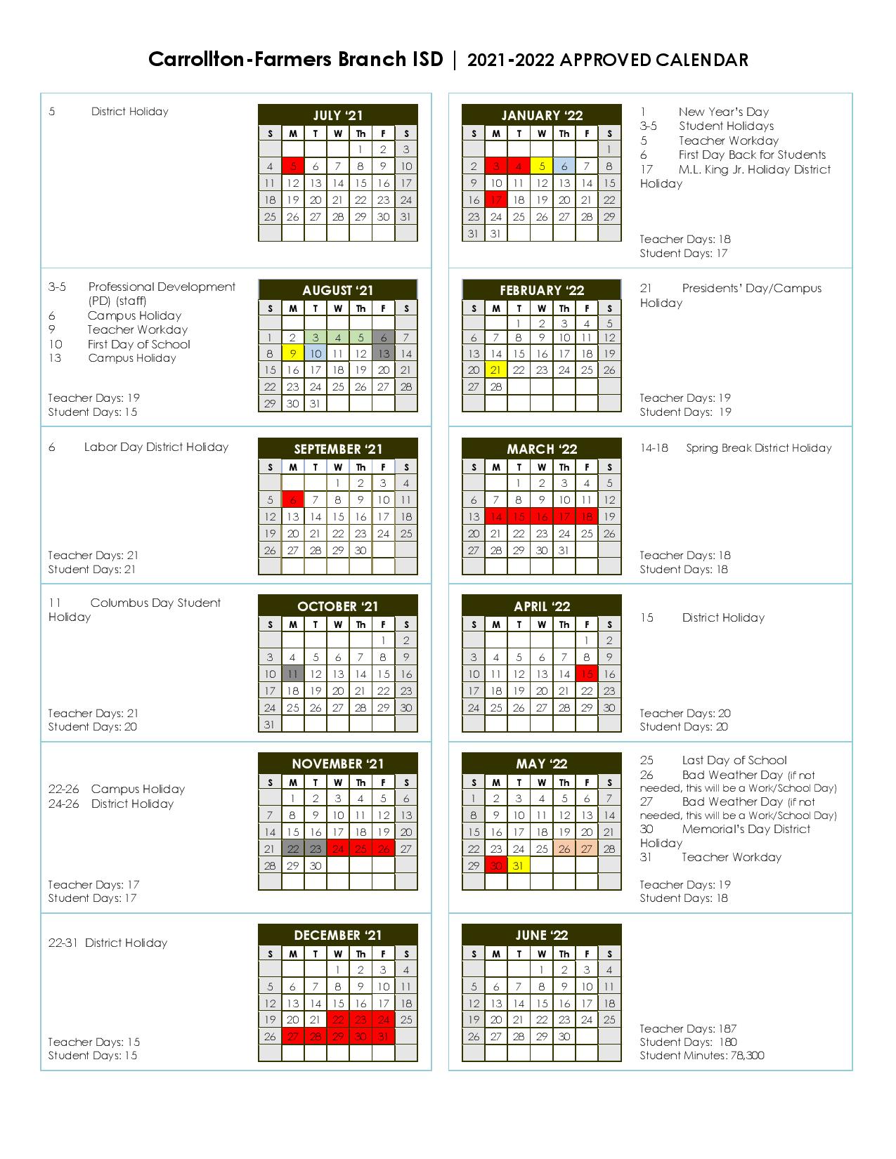 Cfbisd Calendar 2022 23 Carrollton-Farmers Branch Independent School Calendar 2021-2022