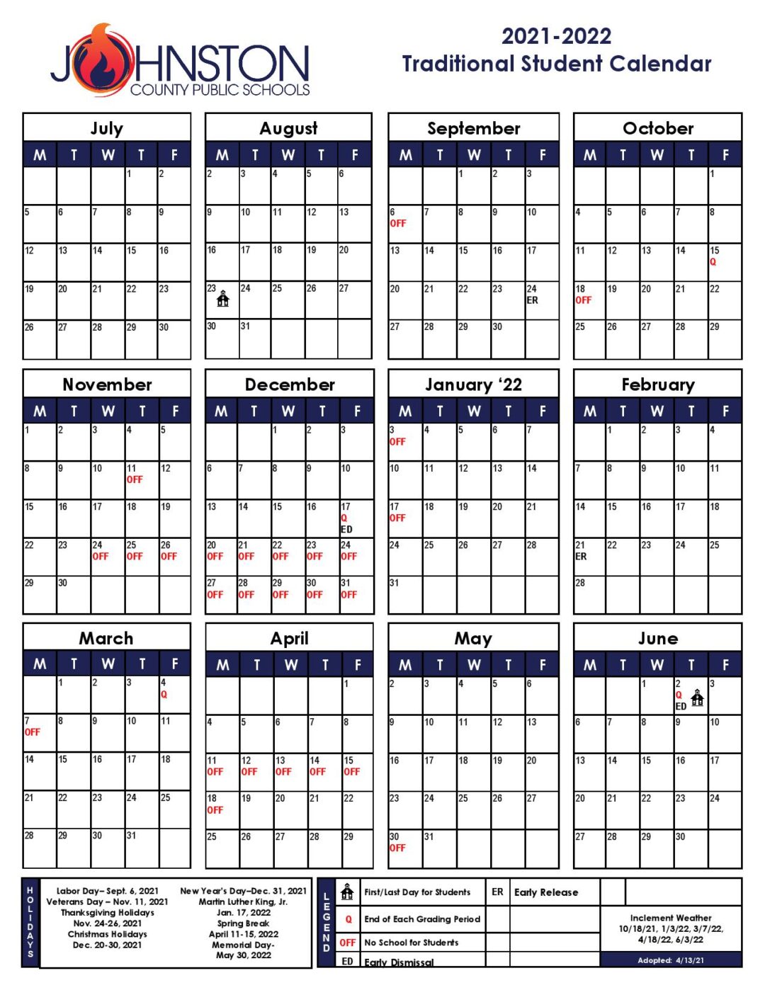 Johnston County Schools Calendar 2021-2022 in PDF