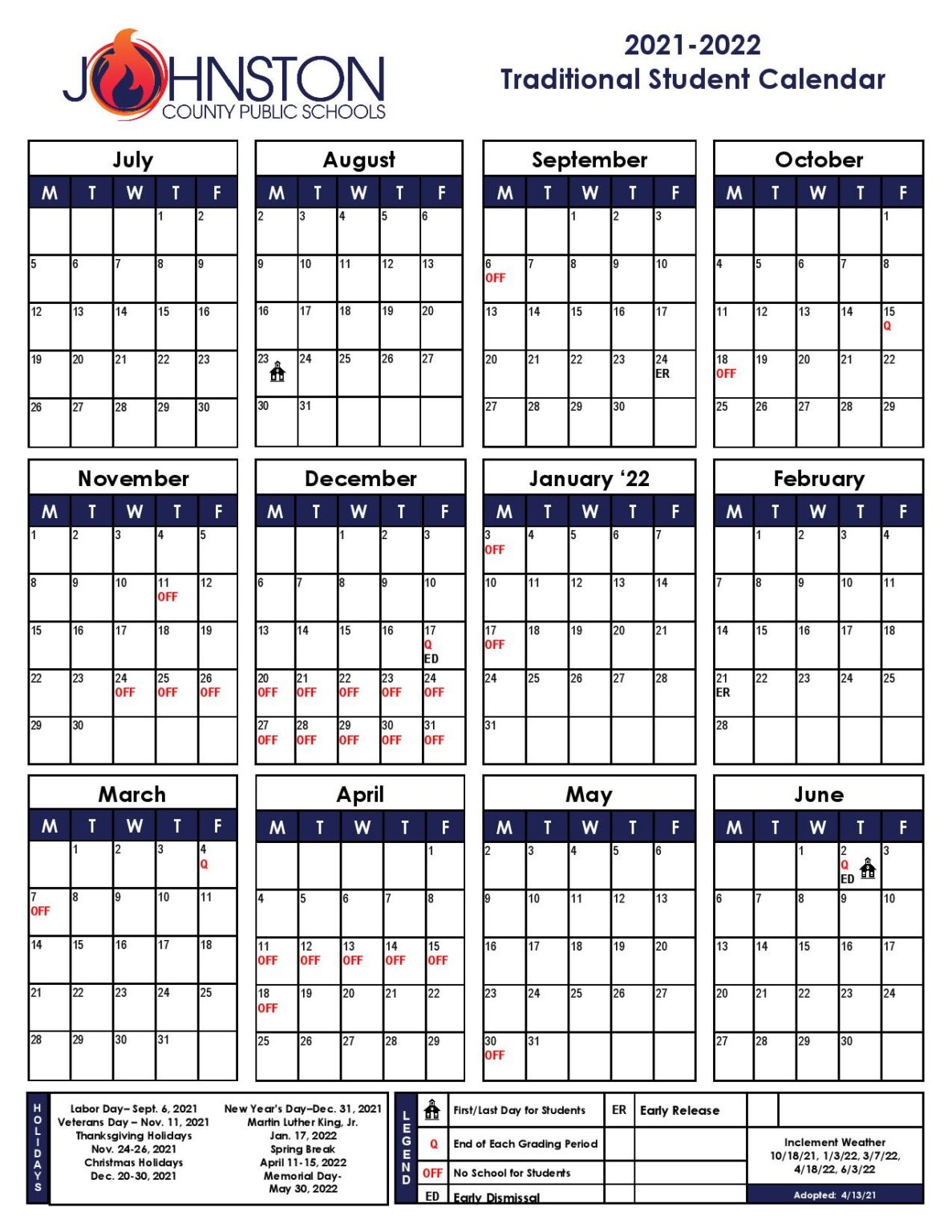Johnston County Schools Calendar 20212022 in PDF