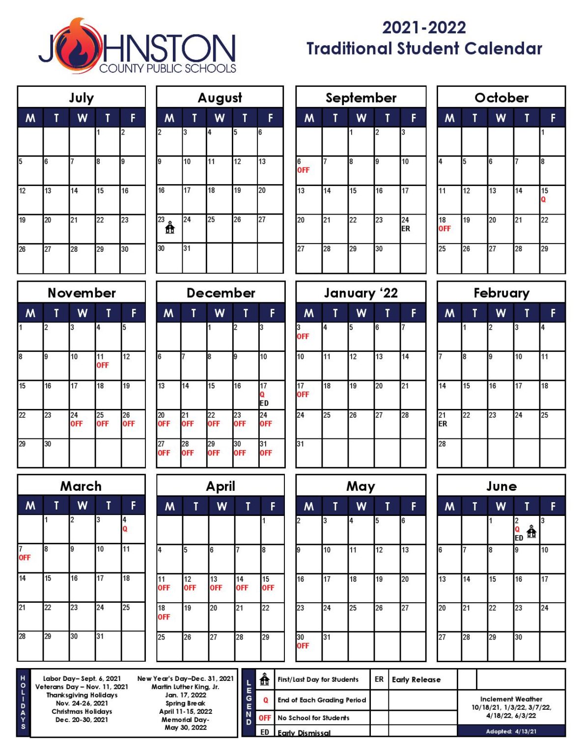 Johnston County Schools Calendar 2021 2022 in PDF