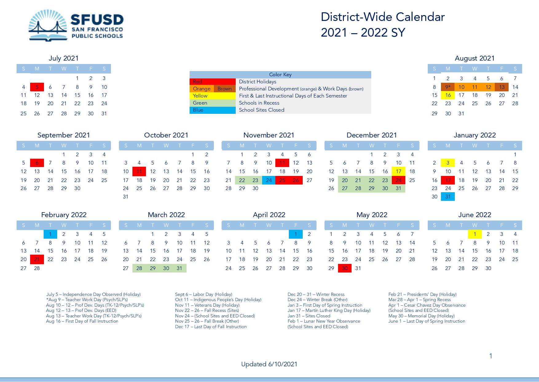 Sfusd 2022 Calendar San Francisco Unified School District Calendar 2021-2022