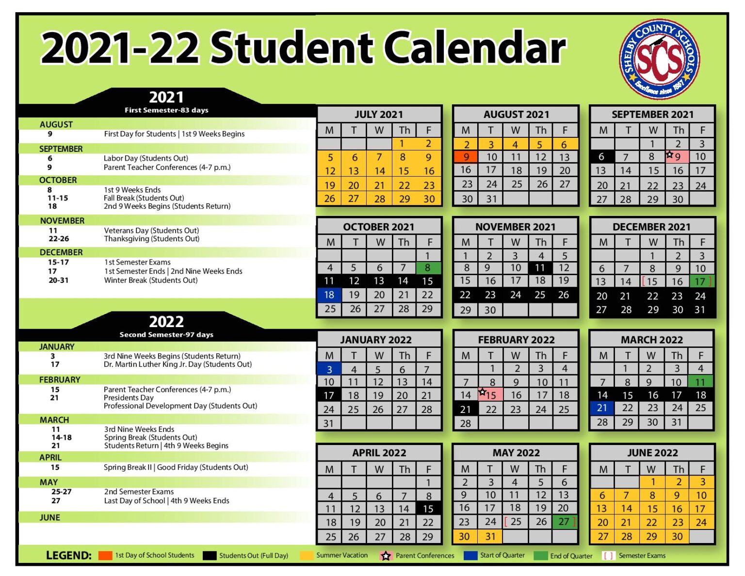 Shelby County Schools Calendar 2021-2022 in PDF
