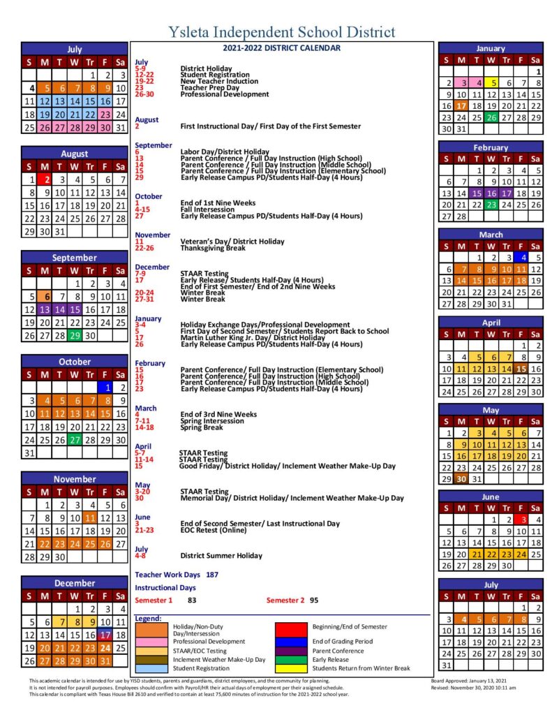 Ysleta Independent School District Calendar 20212022