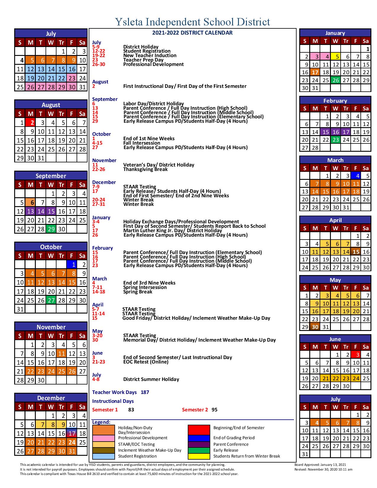 Ysleta Independent School District Calendar 2021 2022