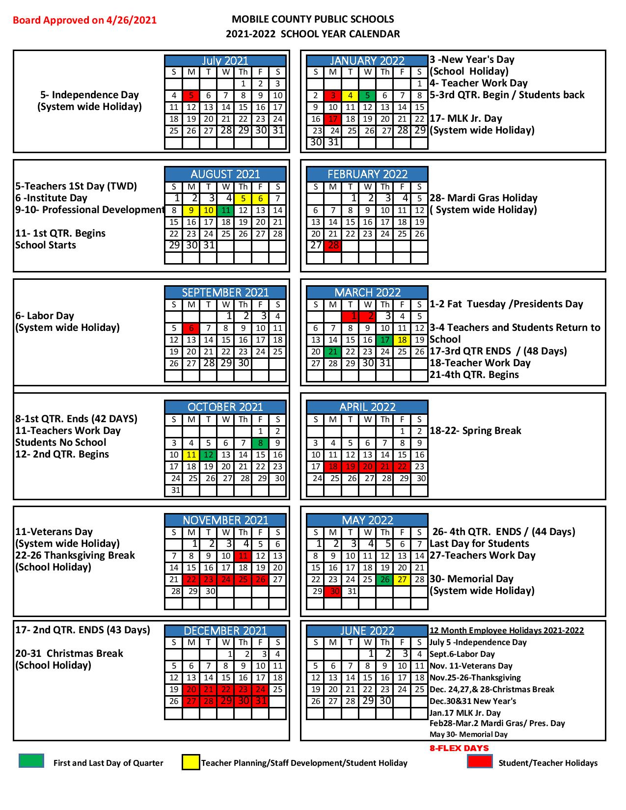Mobile County Public Schools Calendar 2021 2022