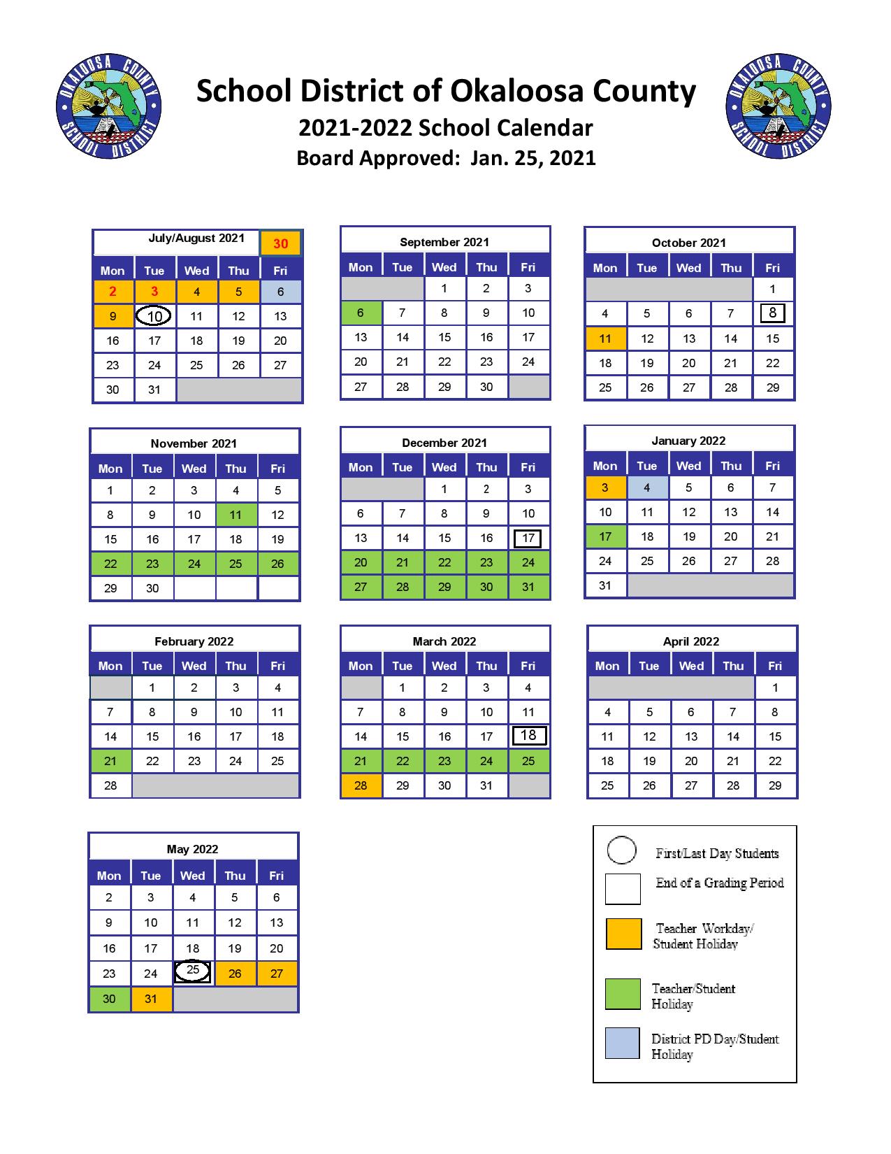 Mcpss Calendar 2022 2023 Okaloosa County School District Calendar 2021-2022