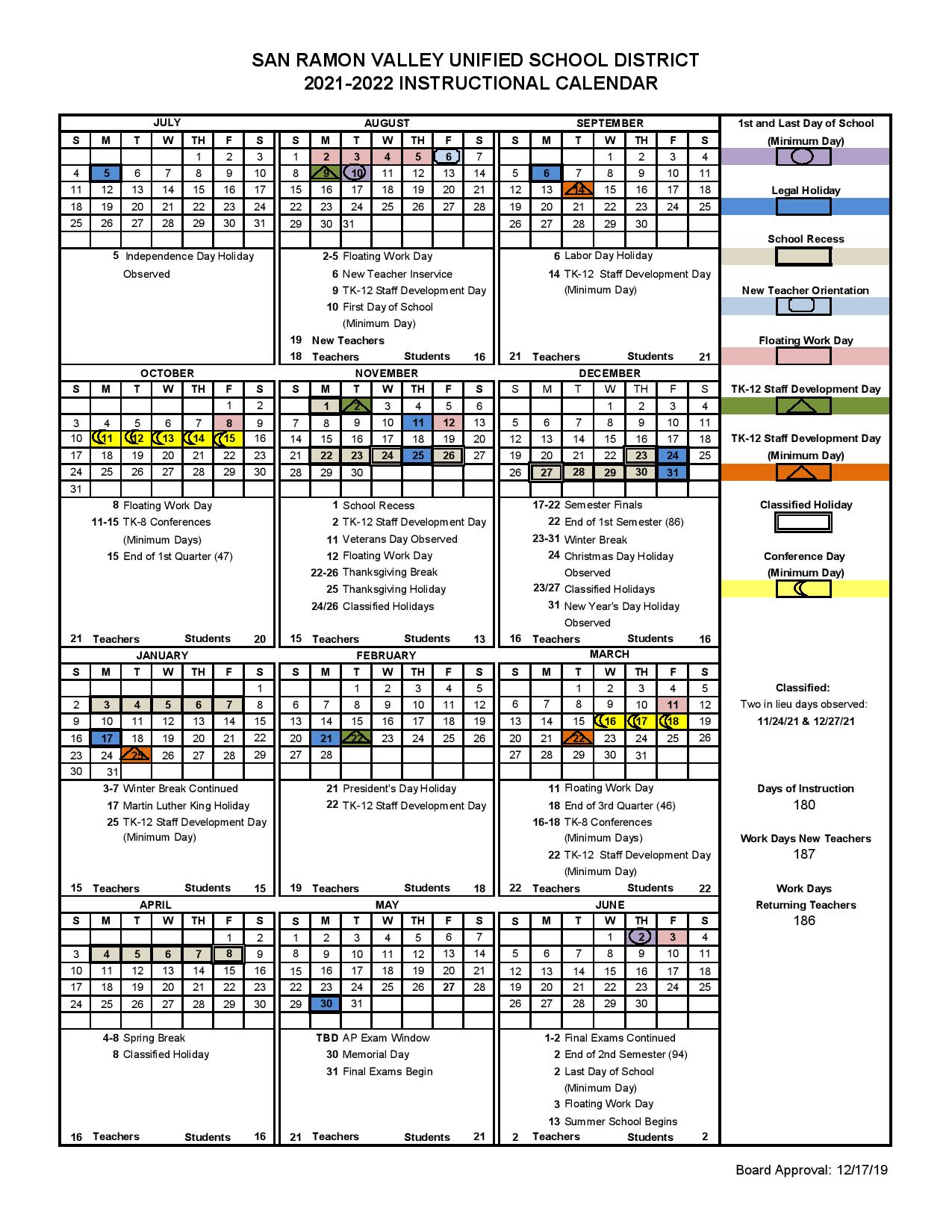 Srvusd Calendar 2022 23 San Ramon Valley Unified School District Calendar 2021-2022