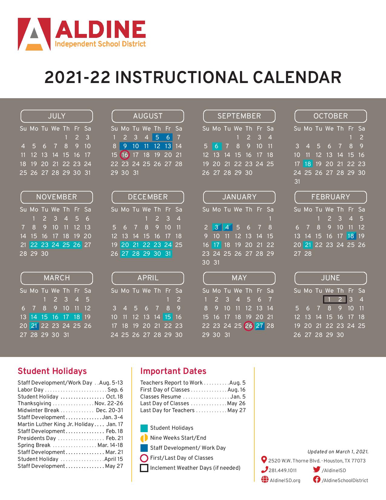 Aldine Independent School District Calendar 2021-2022