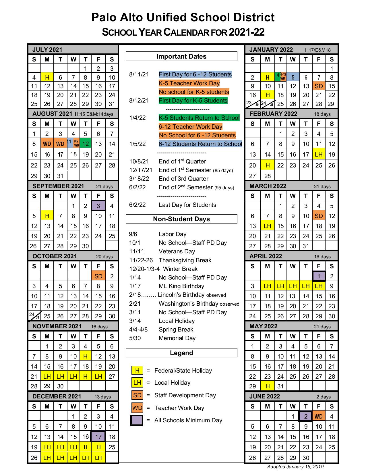 Pausd Calendar 2022 2023 Palo Alto Unified School District Calendar 2021-2022
