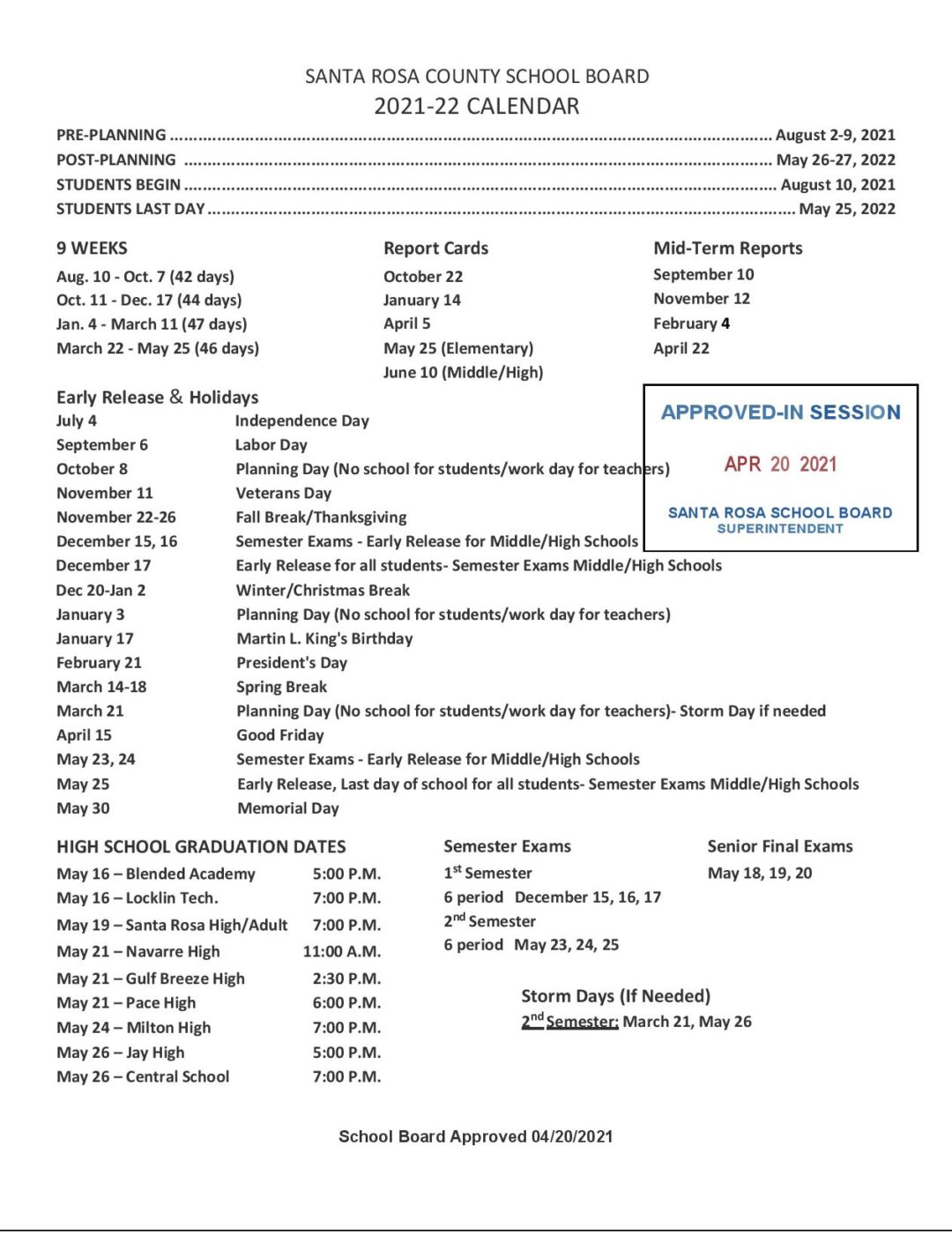 Santa Rosa County District Schools Calendar 2021 2022