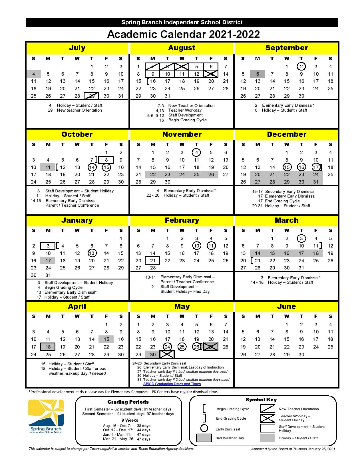 Spring Isd Calendar 2022 Spring Branch Independent School District Calendar 2021-2022