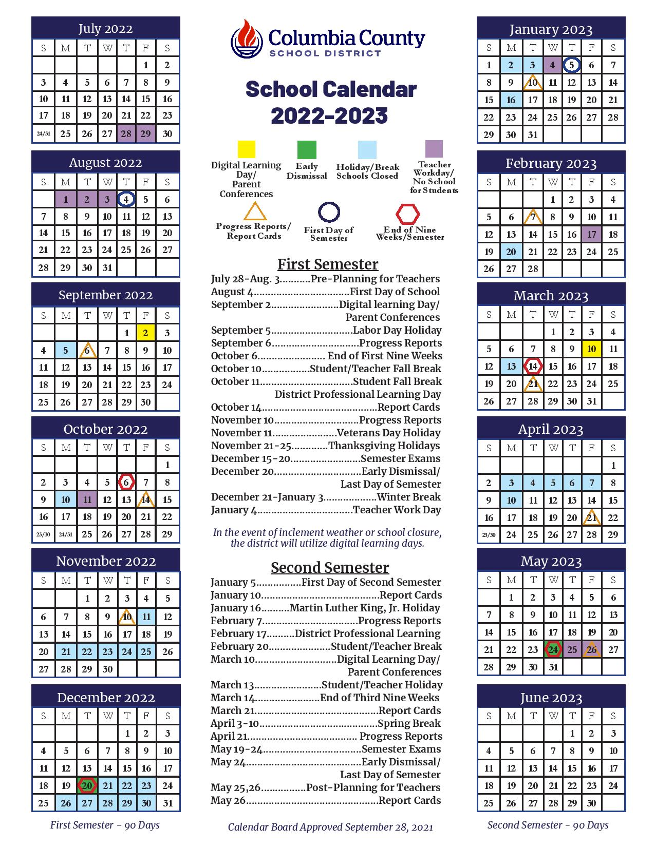 Columbia Fall 2023 Calendar Columbia County School District Calendar 2022-2023
