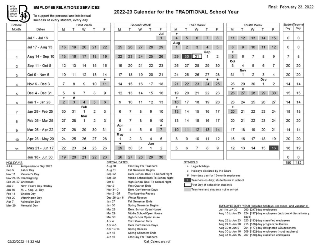 Lbusd Calendar 2023 Long Beach Unified School District Calendar 2022-2023