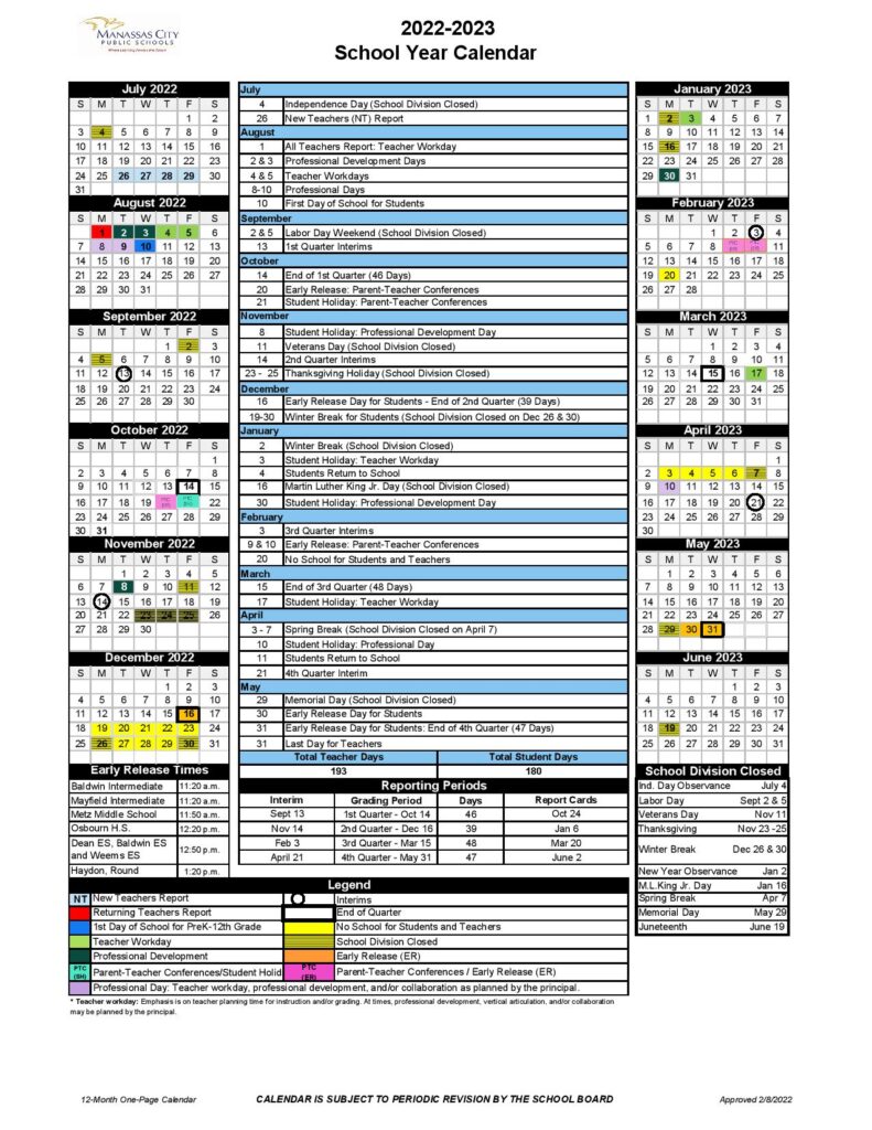 Manassas City Public Schools Calendar 20222023 in PDF