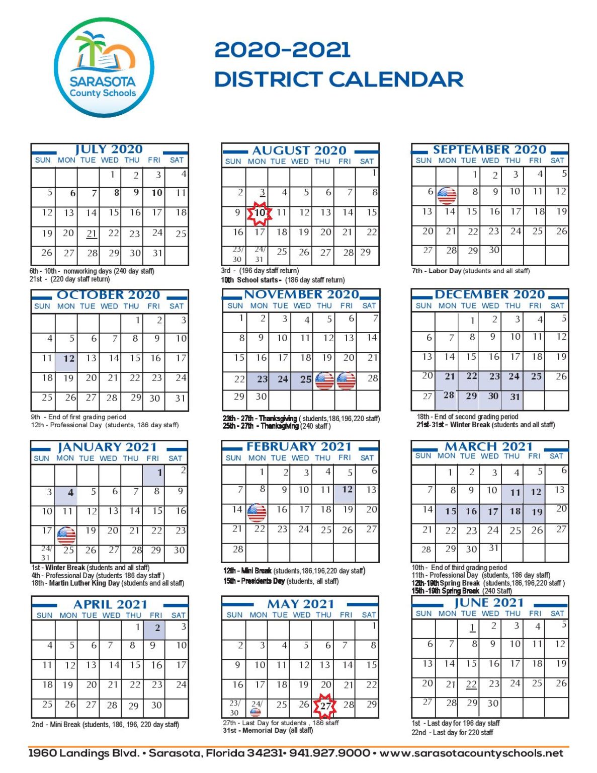 Sarasota County School Calendar 2020-2021 in PDF Format