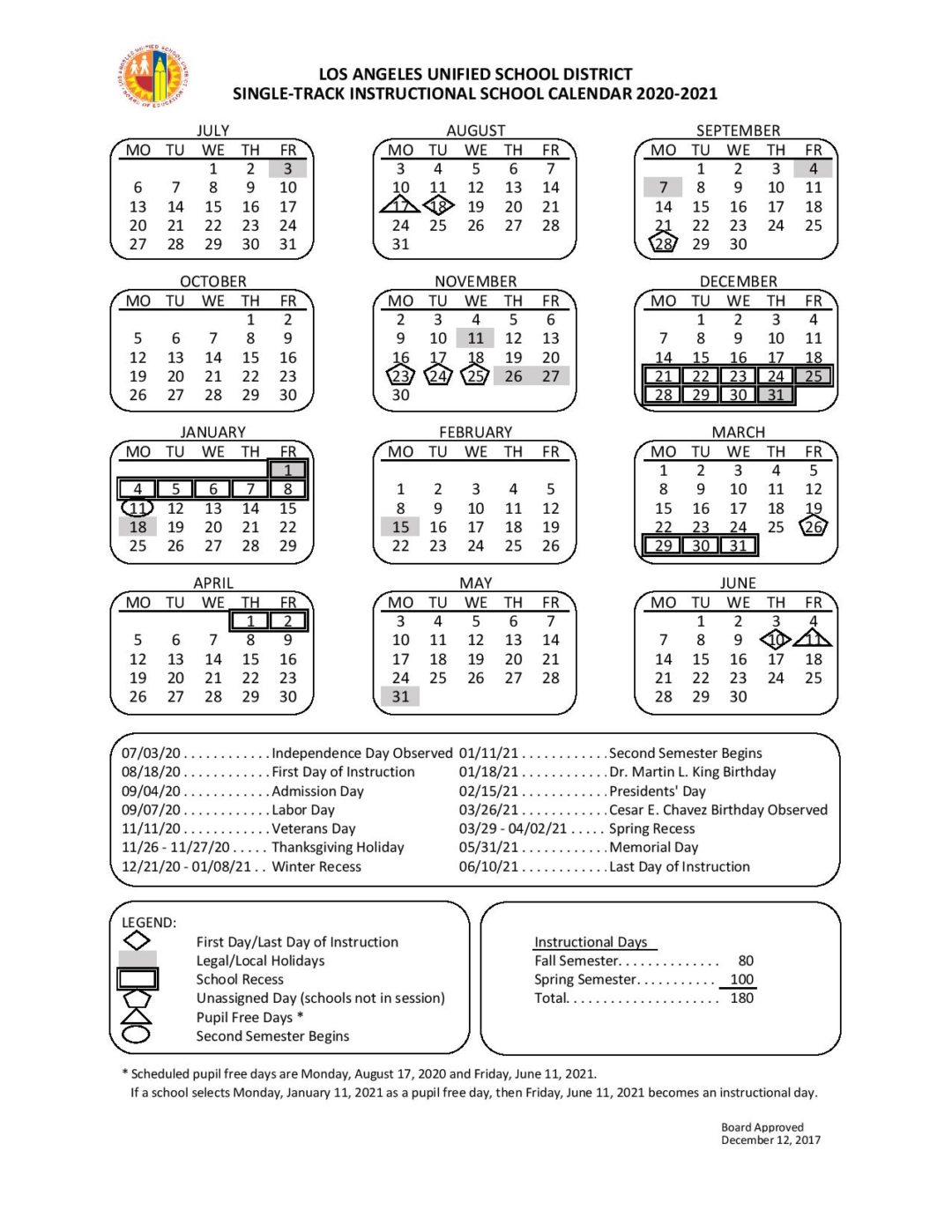 Los Angeles Unified School District Calendar 20202021