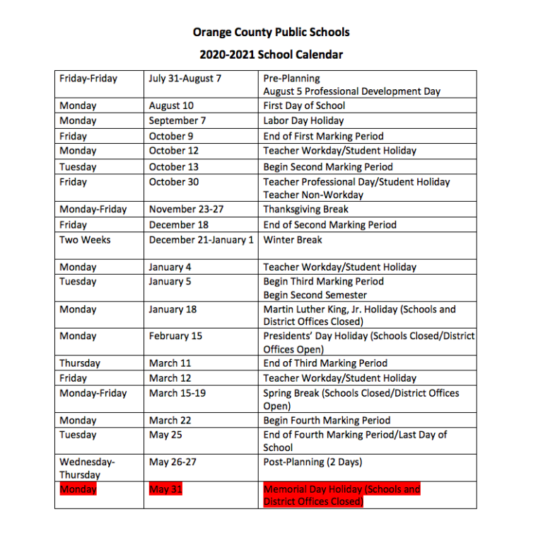 Orange County Public Schools Calendar 2020-2021