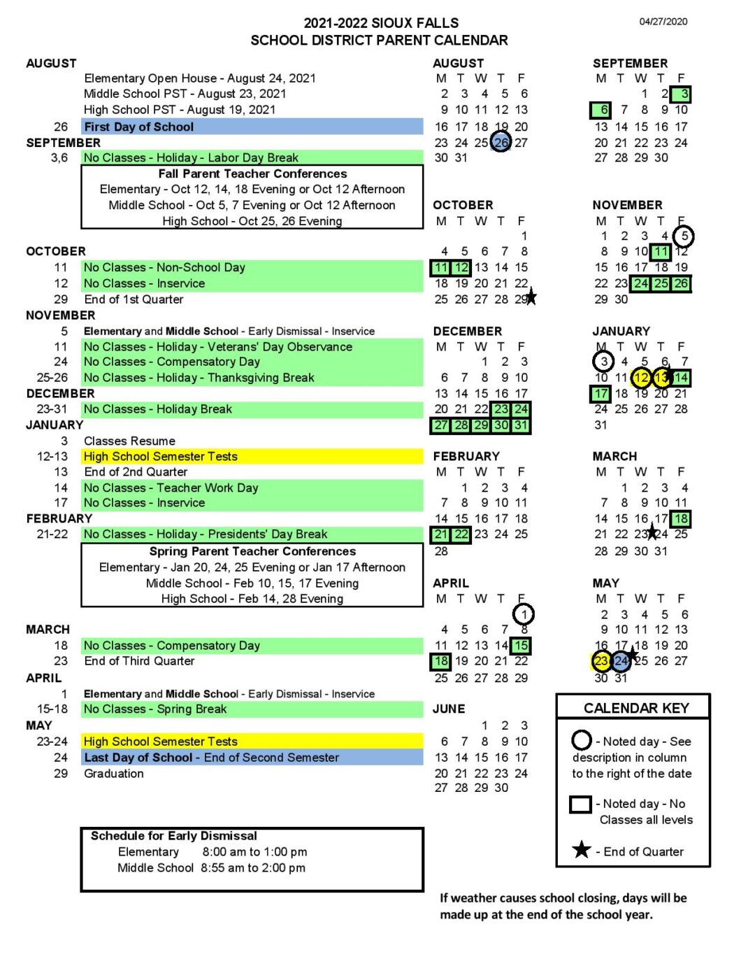 Sioux Falls School District Calendar 2021-2022 - Academic Calendar