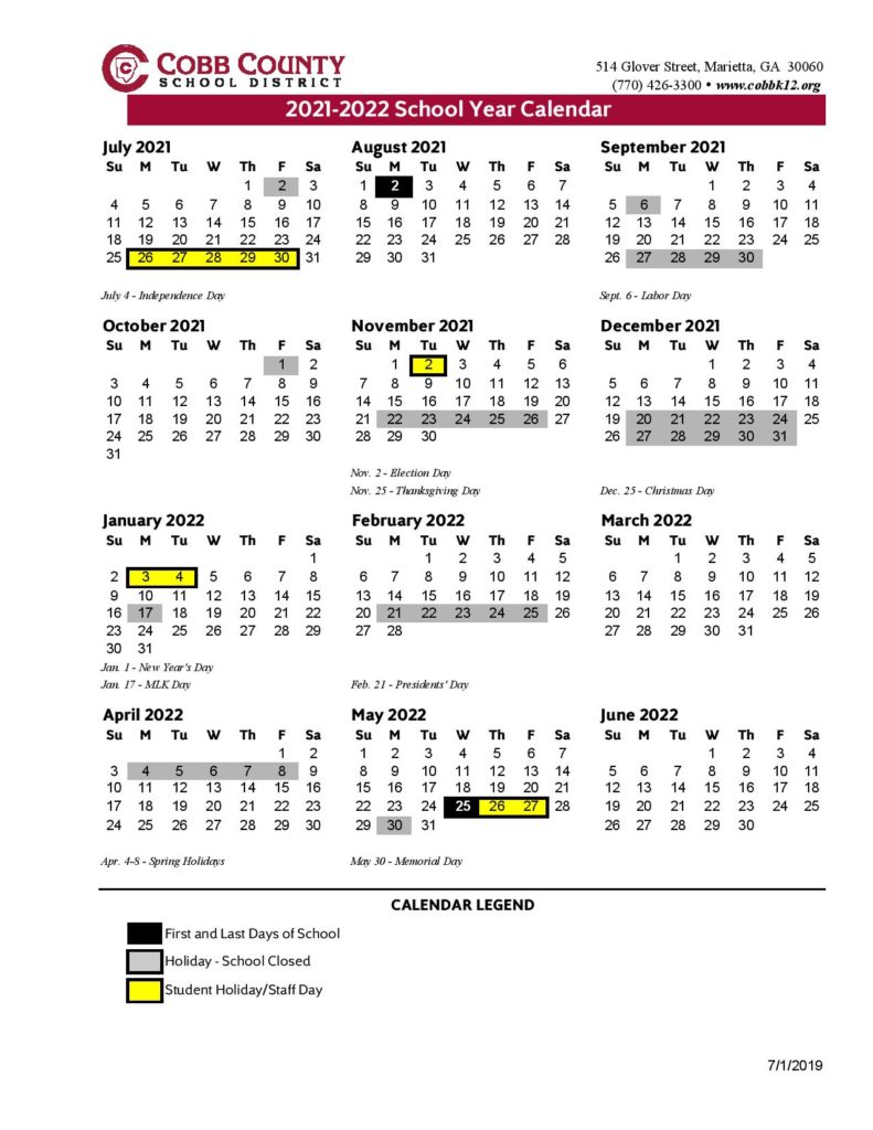 Cobb County School Calendar 2021 2022 (Academic Calendar)
