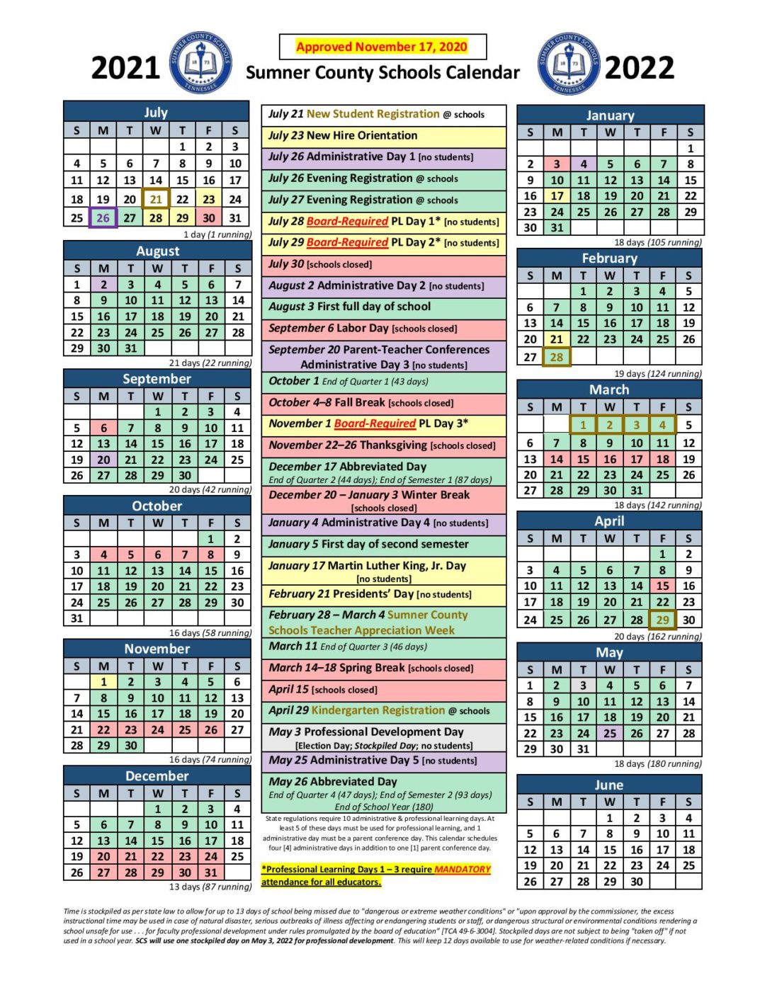 Sumner County School Calendar Holidays 20212022