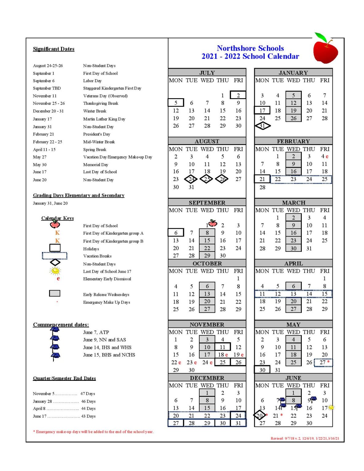 Northshore School District Calendar 2021-2022 & Holidays