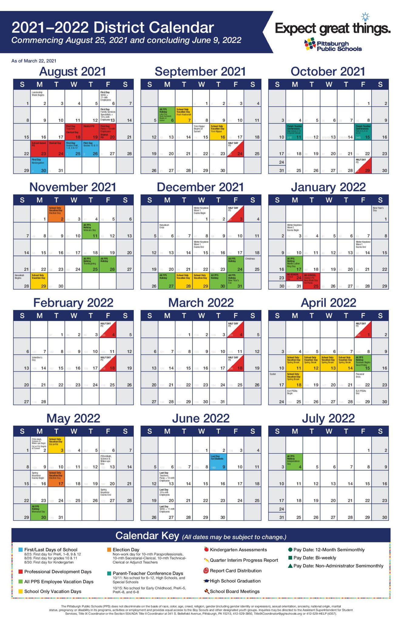 Pittsburgh Public Schools Calendar 2022 in PDF