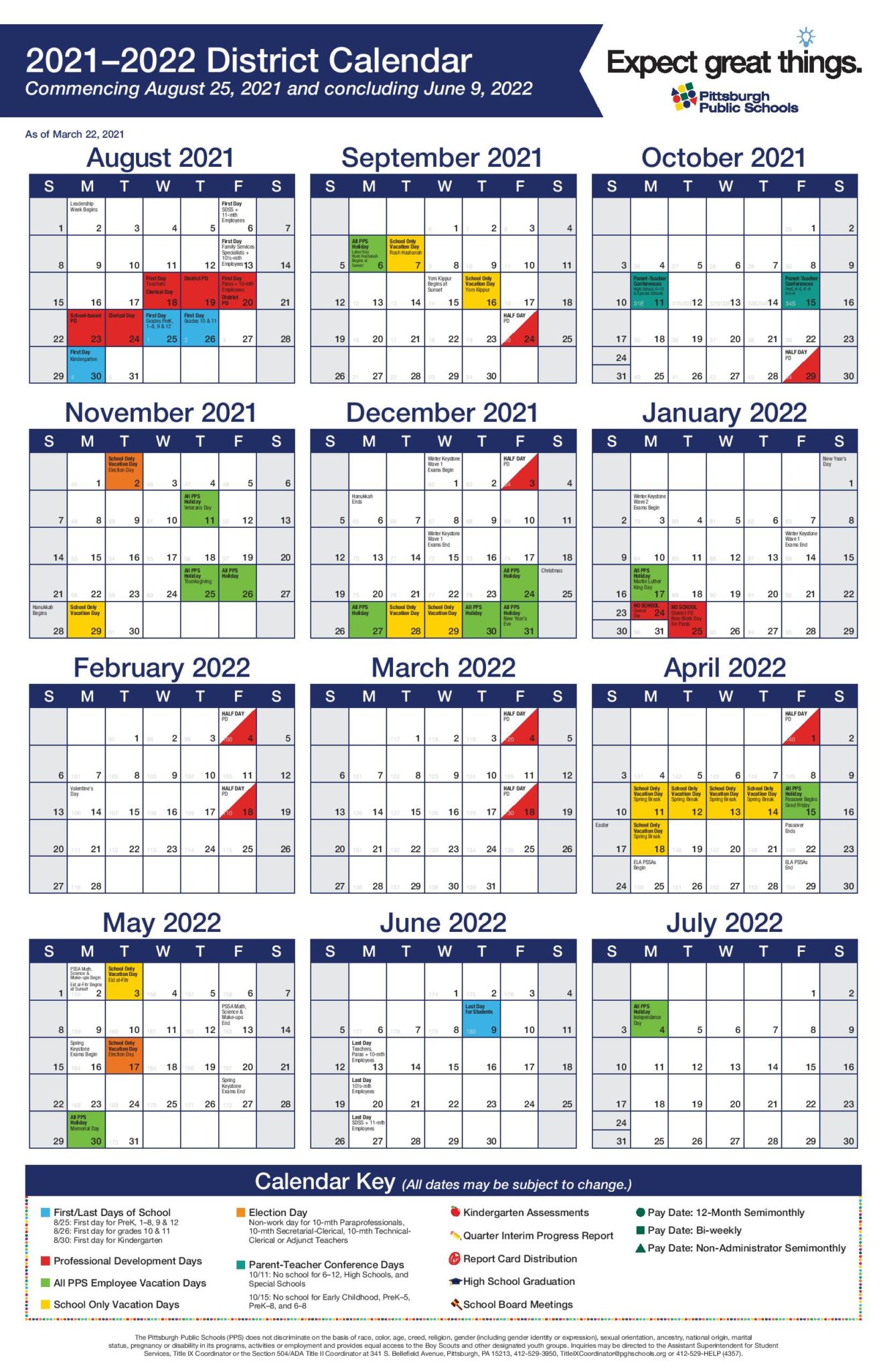 Pittsburgh Public Schools Calendar 2022 In PDF
