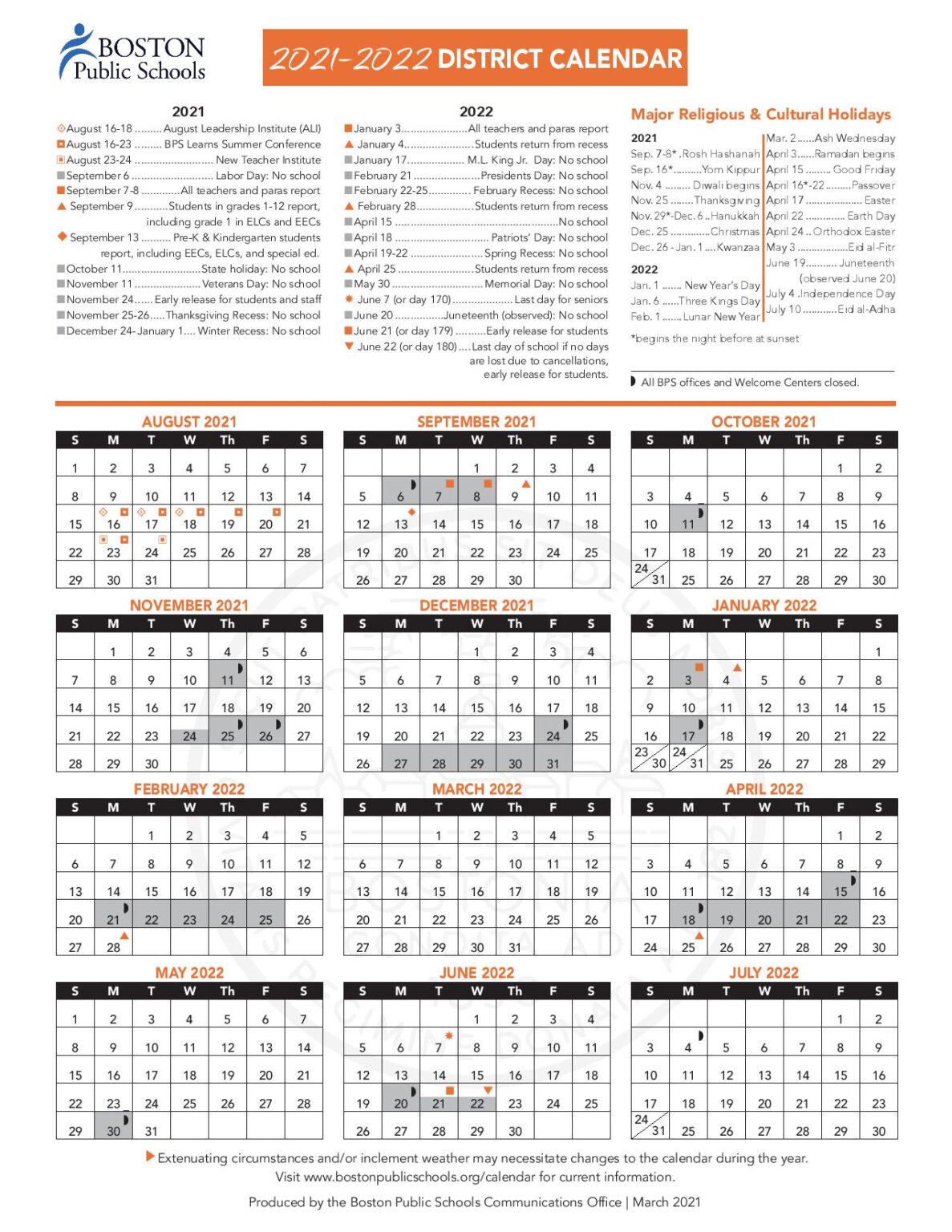 Boston Public Schools Calendar 2021 2022 in PDF