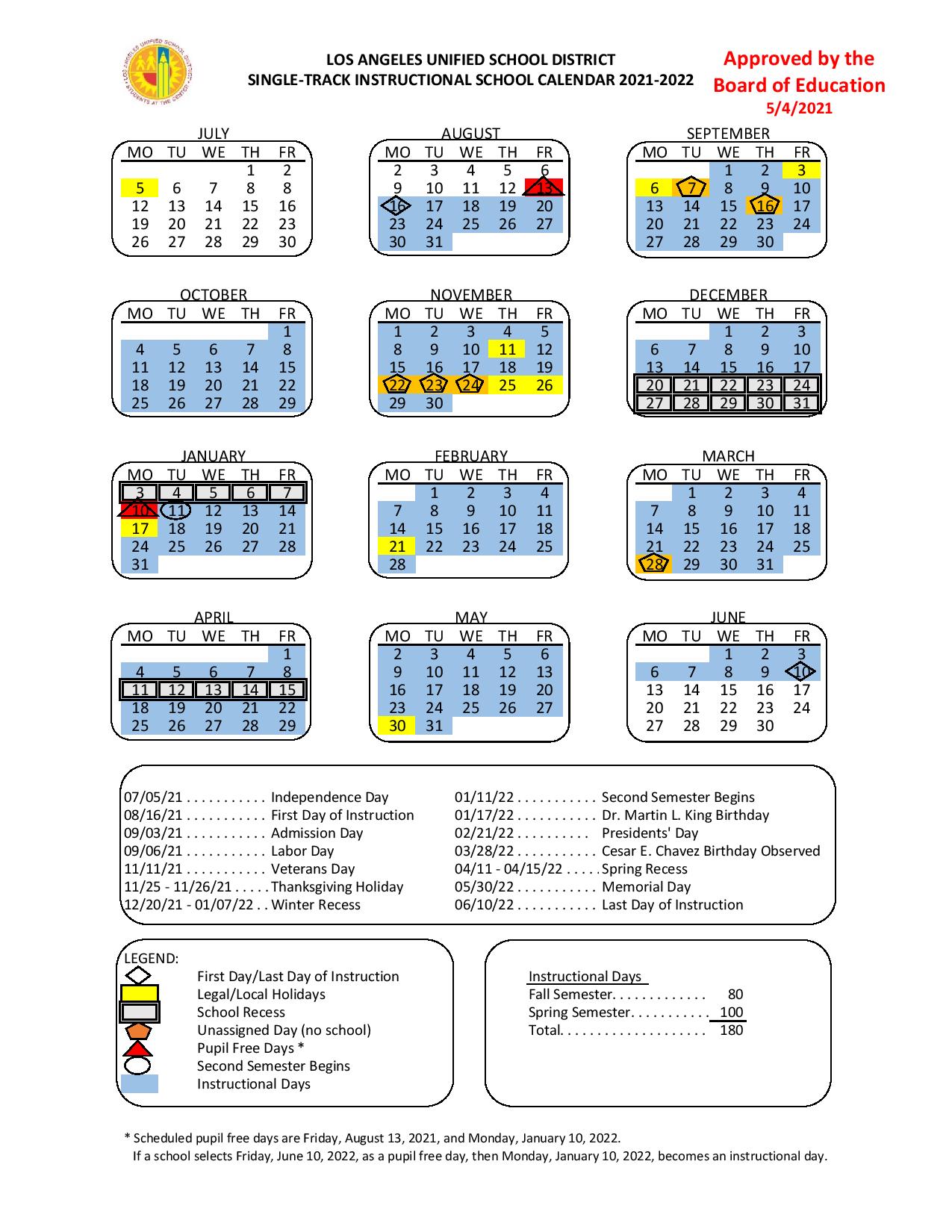 Los Angeles Unified School District Calendar 20212022