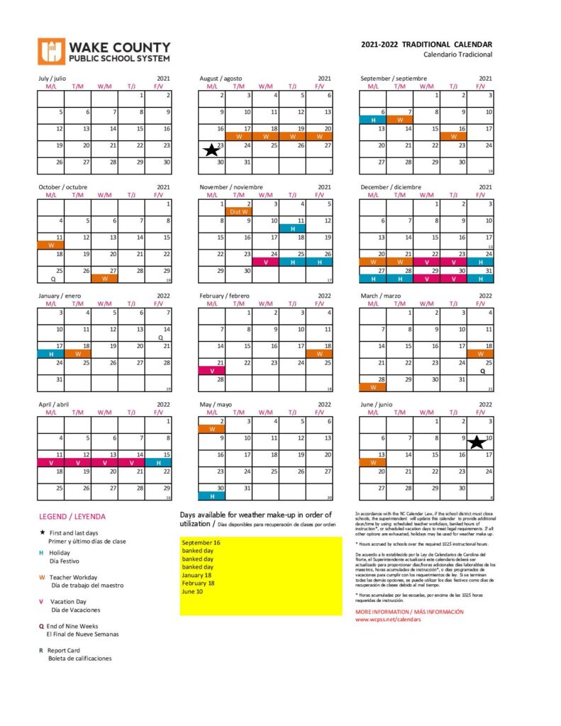 Wake County Public School System (WCPSS) 2025 Calendar Editable