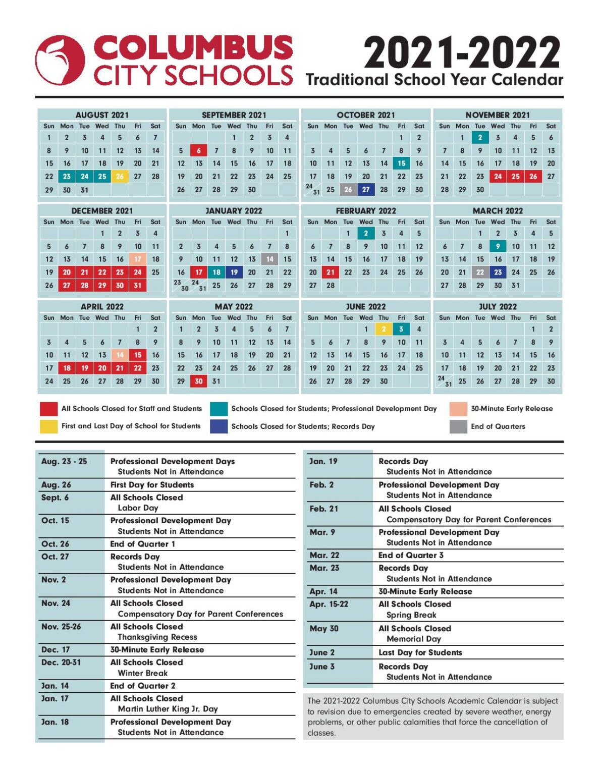 Columbus City Schools Calendar 2022 & Holidays in PDF